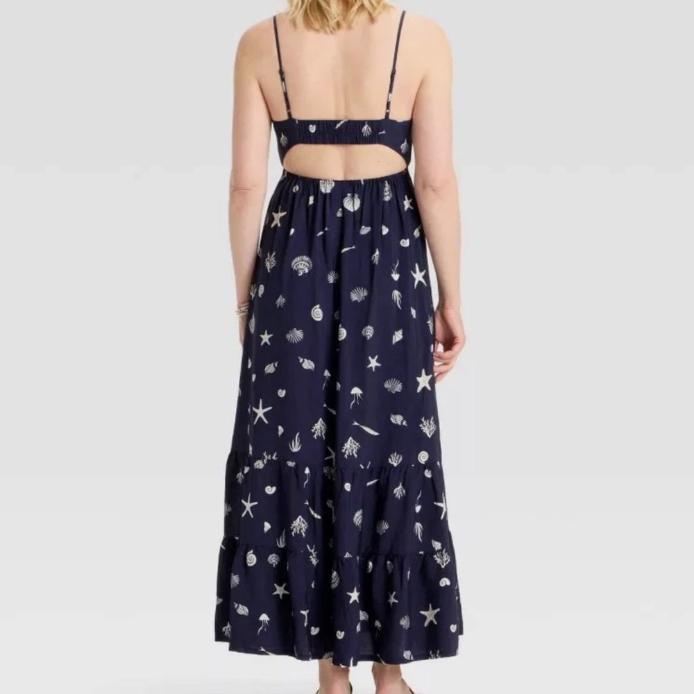 A New Day - Open Back Maxi Dress Medium Navy Blue Seashell Print Sundress - Picture 3 of 4